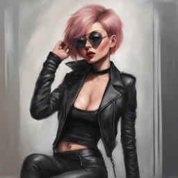 full body portrait -- an absolutely stacked female strawberry with pixie-cut hair, a perfect hourglass figure, perfect face, wearing a studded, black leather biker's jacket and pants with 12-inch platform boots and goggles,