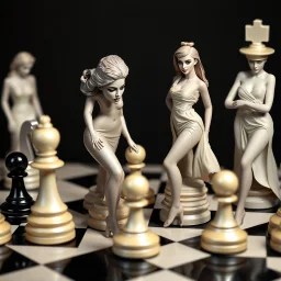 A chess game with female fashion models as the chess pieces.