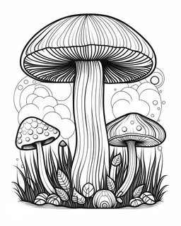 mushroom world minimalistic landscape. line art, background, vector, svg, coloring book page style, black outline on white background