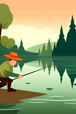 a fisherman is fishing besides the river, 2D cartoon style