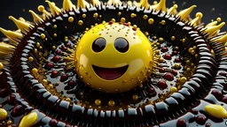 A conceptual art rendering of the Fluidic Marvel of a fantastical combination of a yellowish, zombified Pac-Man and Intricate Ferrofluid Porosity as an evil anti-hero, wet, dripping, blood, viscera, 3D Game Cinematic Feel, Epic 3D Videogame Graphics, Intricately Detailed, 8K Resolution, Dynamic Lighting, Unreal Engine 5, CryEngine, Trending on ArtStation, HDR, 3D Masterpiece, Unity Render, Perfect Composition.