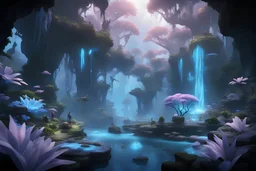 HD Immerse players in a captivating scene within Avatar's Pandora, infused with the artistic styles of RIME videogame. The focus is on the ethereal beauty of the planet, exploring the harmonious coexistence of nature and mystery. Illuminate the scene with the soft mauve blue peachy glow of Pandora's bioluminescent plant life and creatures