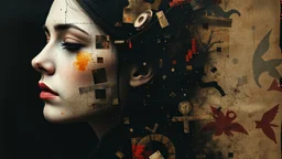 Abstract art, hand assembled, full body female portrait from found objects collage, random textile textures, mixed media, Wassily Kandinsky, Jerry Uelsmann, double color exposure, surreal, otherworldly, dark noir ,atmospheric, decayed, sorrowful, forlorn