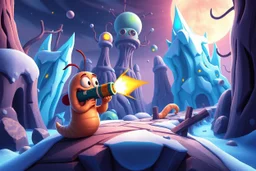 worms character firing bazooka in worms game crawling through 2d platformer with frozen artic jungle with weird alien towers gets torn apart under him, in the style of Pixar, expertly crafted in a whimsical and vibrant cartoon style. is masterfully rendered in a lifelike 3D design, which captivates viewers with there irresistible charm.