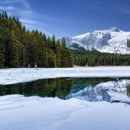 Portrait d’une montagne enneigé au bord d’un lac vert