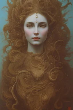 by beksinski oil painting,portrait, beautiful wise woman, Medusa, woman with snake hair, multiple snakes from her head, different snakes,fusing with the background, animals, dignified look on her face, enchanting, mystical, spiritual, religious, ornaments, body art, subtle make up (Extremely Detailed Eyes, Detailed Face and Skin:1.2), Ornate, (Solo:1.4), Standing, (Upper Body:1.2), Looking at Viewer