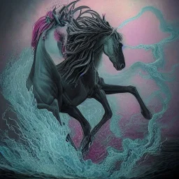 River Acheron has blackened waters with blue pink gray black purple colour inside the waters::A Beautiful Centaur Metaphysical Mythological creature of a combination of a man and a horsehalf horse and half human arrived inside the river Acheron::insanely detailed and intricate, colourful, hyperrealism, delicate, high definition, detailed, complex, triadic vibrant colour, by Tom Bagshaw, Asher Brown Durand, Anna Dittmann, Dan Mumford, Magali Villeneuve