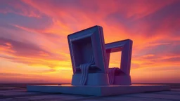 surreal and dreamlike, saturated, pastel, dreamy atmosphere, liquid psychedelic, Two identical square volumes emerge from a single rectangular base, rotating and opening in a circular formation, with the highest points reaching 15 meters, set against a vibrant sunset sky with orange and purple hues.