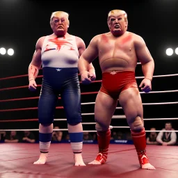 Wrestler Donald trump, dark, wrestling, sweat, blood, red breeches, stars, retro style, 80s, hot ambient, photo studio, smooth color, highly detailed, art stations, concept art, smooth, unreal engine 5, god rays, ray tracing, RTX, lumen lighting, ultra detail, volumetric lighting, 3d, finely drawn, high definition, high resolution.