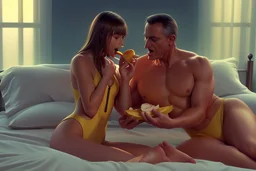 Digital painting of dad and two beautiful young teenage girl in a swimsuit on a bed. eating a banana. with dad, artstation, 8k, extremely detailed, ornate, cinematic lighting, vivid.