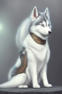 photorealistic cute white husky knight, hyperdetailed painting, luminism, Bar lighting, complex, messy old clothes, 4k resolution concept art, Artgerm, WLOP, Alphonse Mucha, 3d render, octane render, intricately detailed, cinematic, awesome full color, hand drawn, dark, gritty, realistic mucha, klimt, cinematic