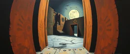 master oil painting by Escher and Giger, sodom in the style of Fallout 4, pinhole cam pic, dimensional door, tear