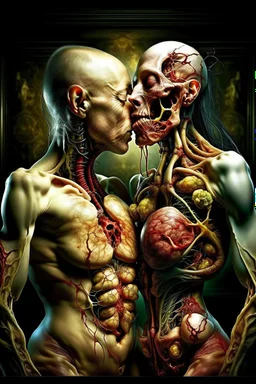 cinematic gore photorealistic fleshy dmt lsd photo of 2 bodies making love, 1 male 1 female, 1 soul, complementary, anatomically fragmented, ripped apart again being flayed, skinned alive. A beating heart, muscles, blood vessels, bowels, entrails are exposed. anatomy. physiology. Bosch and Dali inspired hallucinations. mythology. grotesque.