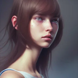 girl, cute, young, teen, brown hair, brown eyes, medium hair, bangs side part, head and shoulders portrait, head and shoulders portrait, 8k resolution concept art portrait by Greg Rutkowski,