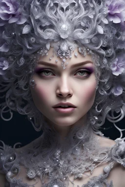 beautiful girl, beauty of a flower, gorgon, hyper-detailed face, diamonds, diamonds, rubies, girl, beautiful, realistic, professional photo, 4k, high resolution, high detail, close-up, octane rendering, body art, patterns, lavender color, white background , Silver wire wrap art elf fantasy, filigree, dark botanical, ultra detail, HDR