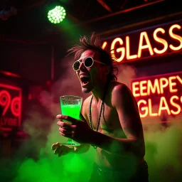 An "EMPTY GLASS" performing at dance club, his name is "EMPTY GLASS" and looks crazy, and green slime on stage, Neon lights and smog, "EMPTY GLASS" SIGN ON WALL