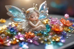 closeup, cute chibi sleeping fairy, Coloured glass flowers set with gemstones, glittering metal stems and gemstone leaves on a room table sharp focus elegant extremely detailed intricate very attractive beautiful dynamic lighting fantastic view crisp quality exquisite detail in the sunshine gems and jewels