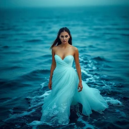 A high-quality professional Born of the Ocean looking directly into the camera with a calm expression, ultra-smooth flawless skin, soft dramatic studio lighting. walking in oecion Where the sea becomes a gown and every wave moves with her. A moment of gown in waves ,