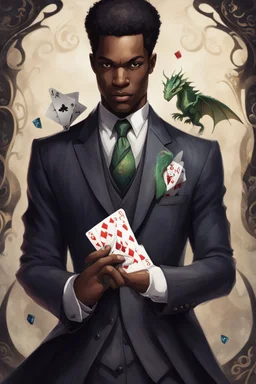 Dashing black man in a suit, holding a deck of cards. There's a young fey dragon with him.