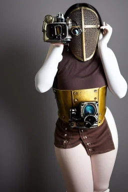 Steam-punk style random-mask. Large fencing mask covers cheeks. Trim girls. Reflective white plastic skin. Camera lenses as eyes. Head full of integrated old-fashioned cameras. Golden to cyan surfaces body, latex. Perfect body, thick thighs and calves. Asa Akira. SElfie with old-fashioned cameras in both hands. Wide hip, skirt bleats nicely. Camera at mons veneris. Partly symmetrical. Black wide leather belt with camera. Euclidean 3D-tiling walls. surrealistic. surveillance walls