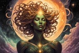 create a full body haunted celestial female entity, enshrouded in a gaseous cluster of stars, with highly detailed, sharply lined facial features, , finely drawn, boldly inked, in soft celestial colors, otherworldly, ethereal, and majestic in the style of Peter Mohrbacher