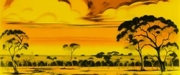 A golden yellow savanna with an arena in a thunderstorm painted by Andy Warhol