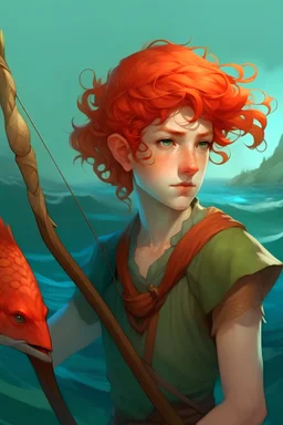 "Un jeune homme elfe marin, taille normale mais il est un peu gros, cheveux roux bouclés court, il est archer. Dans une illustration représentant cet être unique et son lien spécial avec la mer."