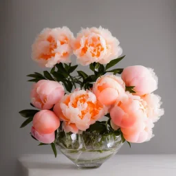 cinematic shot of peonies made from peach tulle in a glass bowl, warm lighting, soft lighting, sunbeam