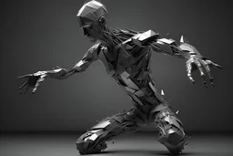 human design, breaking into pieces, threatening pose cinematic image, 16K, metallic gray tone