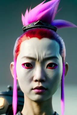 portrait, Asian cyborg woman, samurai warrior :: symmetry photography, cyberpunk style, pink hair, makeup, line eye :: black samurai army, katana, japanese traditional ornaments, pink, white, black, light iris :: cinematic, Ultra realistic, dark scene, soft color, highly detailed, unreal engine 5, RTX, ultra detail, 3d, finely drawn, high definition.