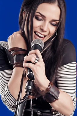 attractive female country music singer leaning forward while holding microphone in front of them, change clothing to plaid in natural tones, leather bracelets on wrists, long hair, mouth open, singing, rings on fingers