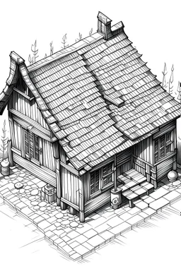 isometric pen and ink drawing of a very small fantasy single-story slum house with wood roof