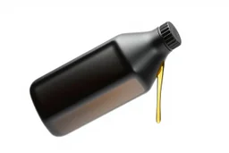 whole bottle(black plastic, 1 liter, quart, generic motor oil) floating on an angle in middle of image while pouring(oil) out down from the bottle's opening. white background, Smooth vector