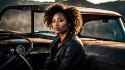 In the midst of a busy day, the young female finds a moment of peace in junkyard, old rusty cars, mechanics, oily, quality, shelter, rusty, cogs, heavy smog, aerial perspective, vapor, abandoned, buggy, delerict, conceptual hyperaesthetic dramatic ambience. Her curly hair frames her face, drawing attention to her striking gray eyes. Her pale skin, with its intricate texture, adds depth and character to her aesthetic. As she savors the moment, she radiates a quiet confidence and contentment.