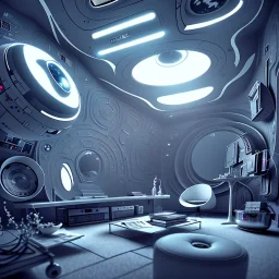 concept of futuristic living room, cyborg sitting, cinema 4d, blender, complex, beautyfull, 8k, lights