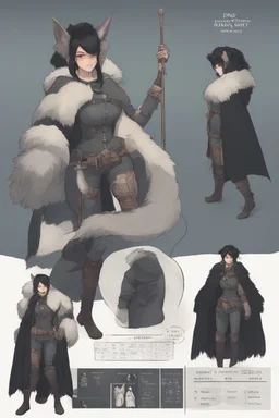 A dnd character sheet. A woman dressed for the cold north dressed in dark furs, with black hair