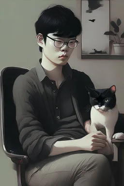 a 24-year-old Vietnamese writer, about 171cm height, 70kg weight, not thin, double eyelids, medium black hair, black eye, oval face, sitting in his chair and petting his cat