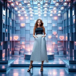 make a picture pretty stage made of metallic blue-gray teme 3d recursive cubic and sphere and heart simbol lights s base structures and a beautiful fashion model lady standing with cute in scene with sexy top and pretty pleated midi skirt ,makeup curvy long hair,dynamic camera zoom to full body and pan, dynamic lights.