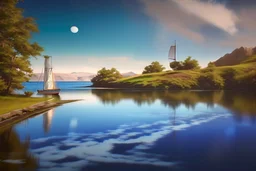 an encaustic painting depicting a landscape of a lake and a single sailboat sailing on it. Add an island and details to create an example of beautiful artistic work. Modifiers: highly detailed masterpiece photorealistic dynamic lighting fantastic view metchley wet oil and wax