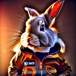 Rabbit toddler, smile, steampunk headphone, sunglass, gangsta neckless, full body, orange puffer jacket, tokio background, dramatic lighting, hyper realistic, unreal engine 5, 16k