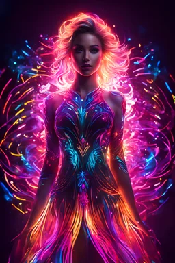 Beautiful woman with dress art neons glowing bright light in the dark and colorful details