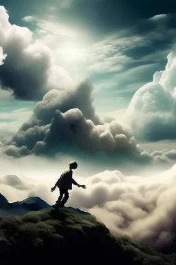 Generate a surrealistic landscape with God reaching down from a cloud to lift someone up