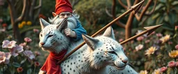 close up portrait of blue and red clothed gnome riding white furred lynx cat with lances in garden of eden in the style of Escher and Giger