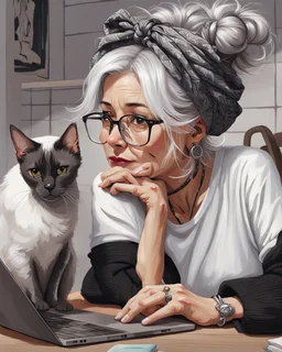 Whimscal a middel-aged women with silver hair in a little messy bun and black and white bandana with knot and glasses, wearing white tshirt and an unbuttoned black sweater, she sits on a chair behind a table where she has her laptop, She leans her chin in her hand and looks into her laptop, her Oriental shorthair Siamese cat put her paws on the tabletop, bg a kitchen, wet oil sketch on canvas.