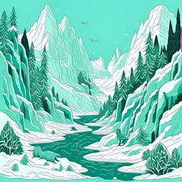 A mint color winter glacier with falling snowflakes painted by MC Escher