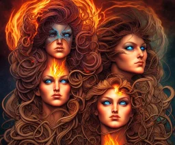 Four doll divine representing each one the four elements: Fire: Earth: Air: Water. Mark Brooks and Dan Mumford, comic book art. Detailed photograph. Insanely intricate face, hair soft. Fantasy art album cover HD resolution