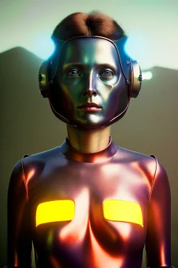 Ultra Realistic retro sci-fi scene, portrait, brunette woman, sweet Juliane Moore face, perfect iris, glow eyes, makeup. Alien Saturn background, Retro sci-fi style, helmet, tight latex coat, fog, rain, soft color, highly detailed, unreal engine 5, ray tracing, RTX, lumen lighting, ultra detail, volumetric lighting, 3d, finely drawn, high definition, high resolution.