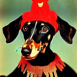 black and brown dachshund in a reindeer costume detailed Dali