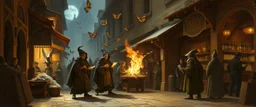 fantasy art, style of Rembrandt,Student prank gone wrong: Apprentice wizards from the Conclave of Silverymoon accidentally conjure a mischievous minor illusion (e.g., a swarm of butterflies or a caustic pheasant) in the market.