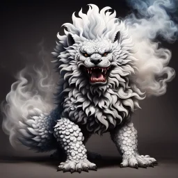 foo dog with curly white fur, smokey breath and fire,, spikes along back, a long tail, moving forward towards viewer, wrapped in smoke